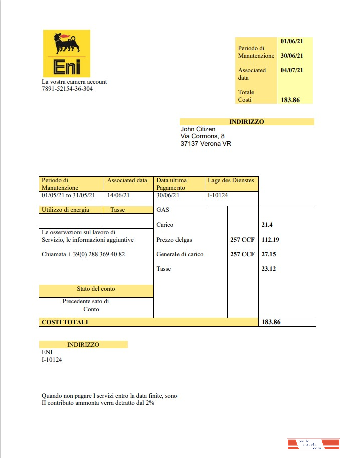 Italy Gas utility bill template in .doc and .pdf format, fully editable